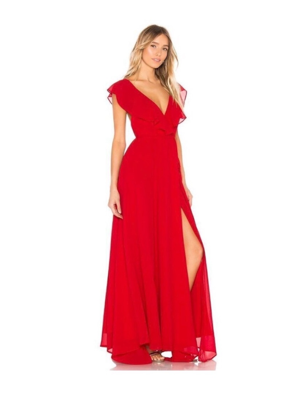 Yumi Kim Full Bloom Elegant Red Ruffle V-Neck Wrap Maxi Dress Gown- NWOT